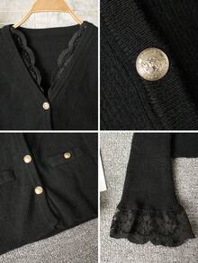 蕾丝V领金属纽扣开衫，时尚优雅的针织上衣，可作为外套或单独穿着 - 黑色 - 查看 7