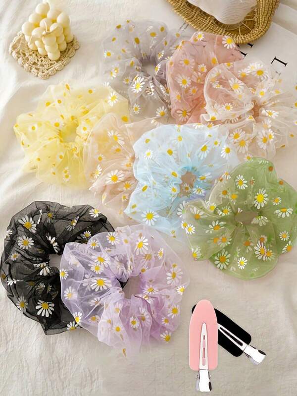 4/8 pièces Élastique simple pour queue de cheval, chouchou à motif marguerite en maille. Accessoires capillaires pour femmes, doux et mignons. Élastiques à cheveux et cadeau de la Saint-Valentin. Supports de queue de cheval, élastiques à cheveux, bandes en caoutchouc pour cheveux, chouchous