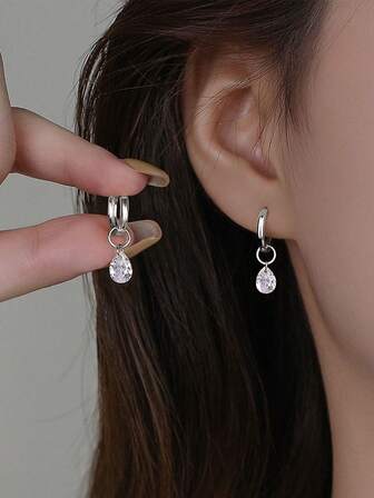 A Pair Of Sterling 925 Silver Fashionable Elegant Shining Water Drop Cubic Zirconia Ear Hoops Earrings For Women Daily Wearing Friendship Party Jewelry Gift