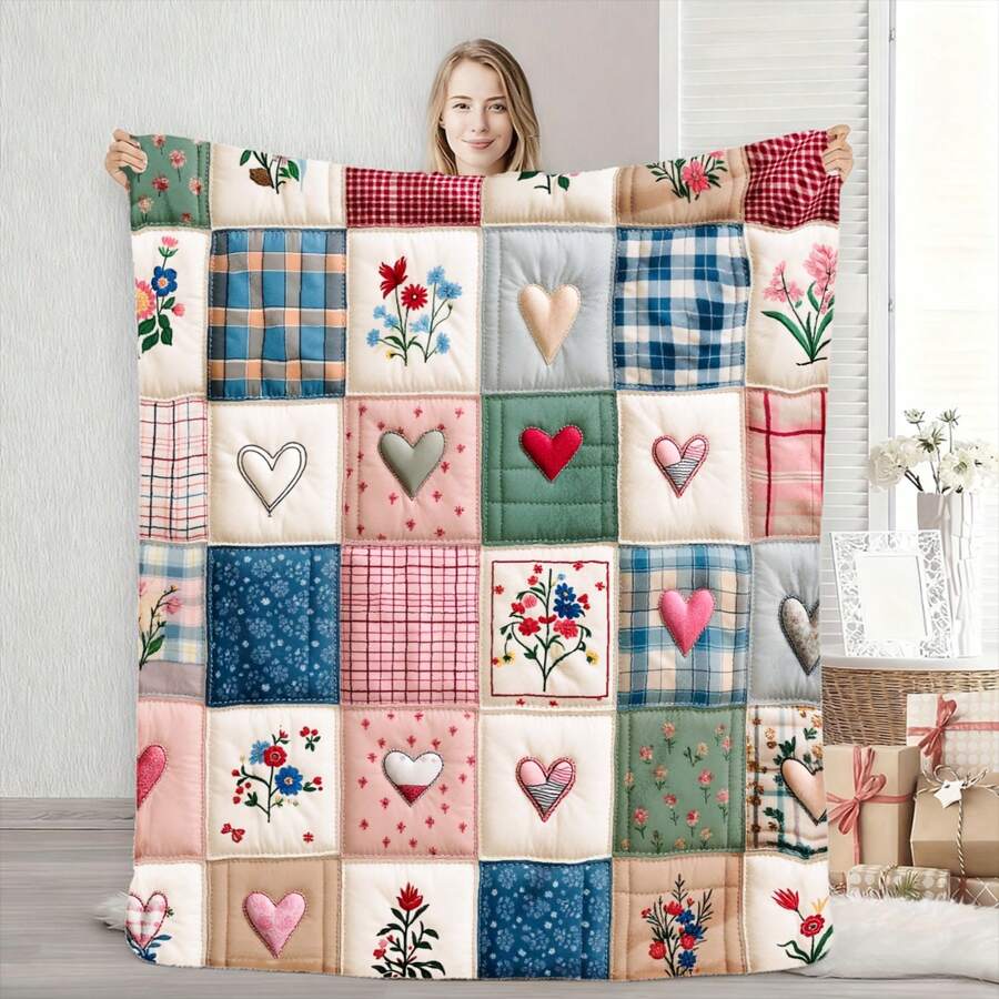 Patchwork Quilt With Embroidered Hearts And Flowers, Handcrafted Cotton ...