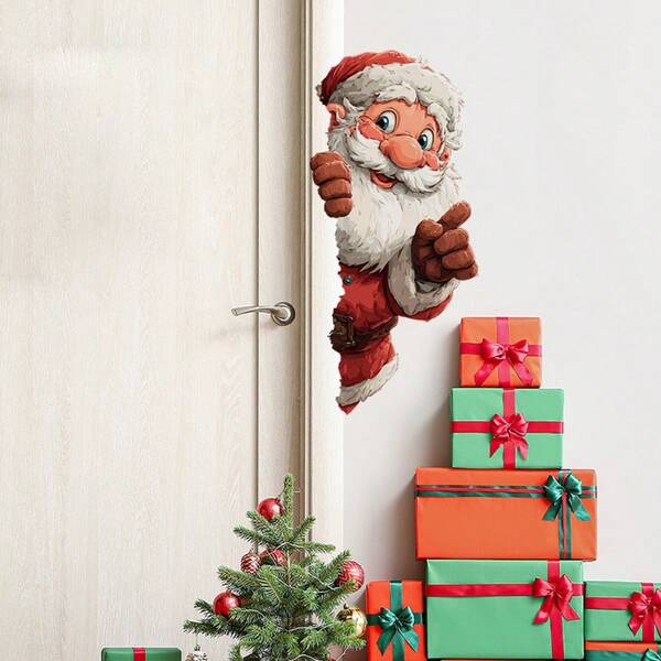 Adesivo de parede festivo de Papai Noel espiando - Adesivo de PVC removível e autoadesivo para decoração de casa no Natal, estilo contemporâneo para quarto, sala de estar, sofá e entrada, decorações de Natal, presentes de Natal, decorações de fim de ano, decoração sazonal, design divertido para o feriado, vinil de alta qualidade, fácil de remover, compradores de fim de ano, compradores de presentes
