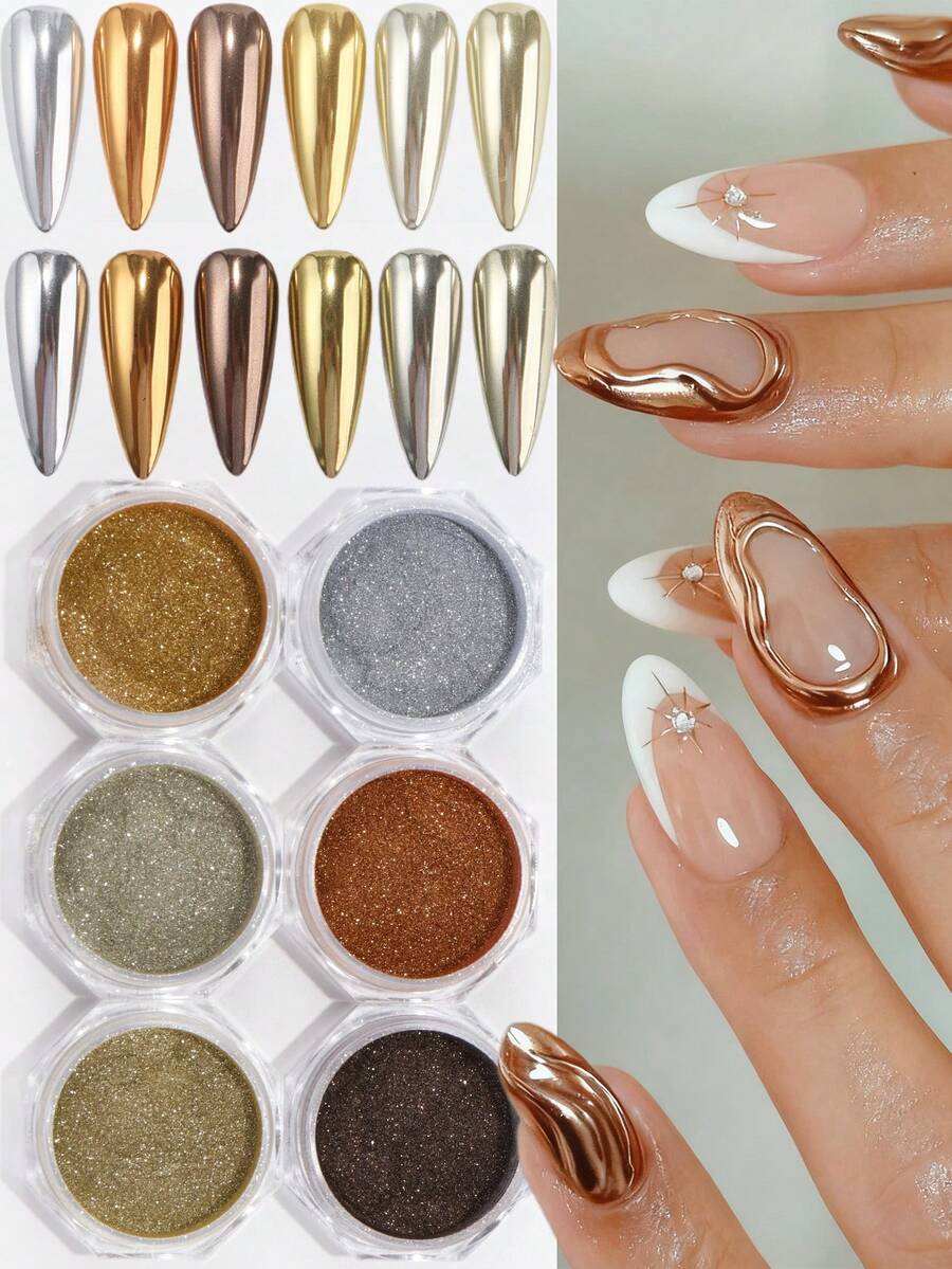 6色美甲粉金属镜面颜料闪粉全息粉，金色、银色、香槟色，DIY美甲粉，美甲设计装饰用品 - 彩色 - 查看 1