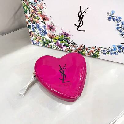Yves Saint Laurent YSL Makeup Pouch - Hot Pink Heart-Shaped Lipstick Bag, PU Leather Waterproof Cosmetic Organizer With Built-In Mirror, Portable Touch-Up Case For Lipstick, Keys & Coins, Elegant Gift For Women & Girls
