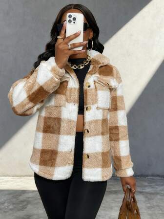 女式休闲街头风格拼色格子拼接口袋翻领夹克，秋冬
