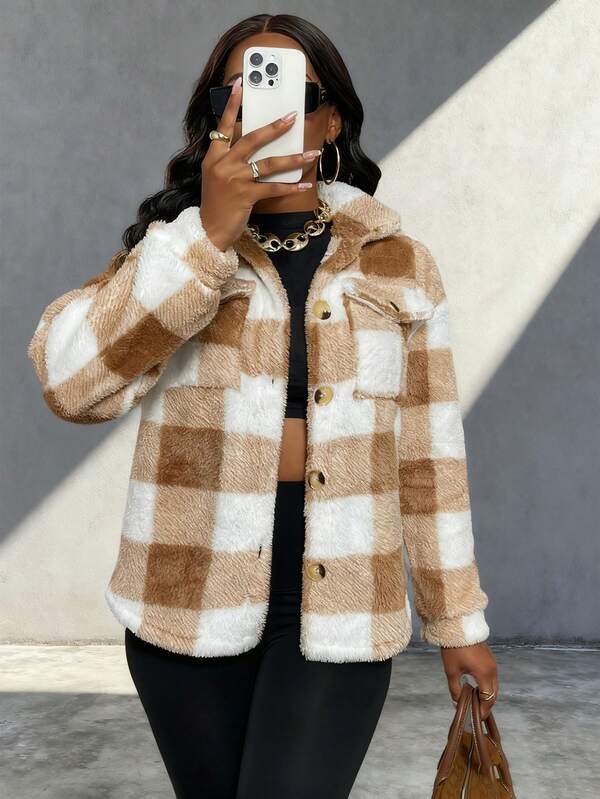 Women's Casual Street Style Colorblock Plaid Patchwork Pocket Turndown Collar Jacket, Autumn/Winter