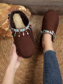 Women's Fashion Tassel Decor -On Slippers, Warm For Winter - Brown - View 2