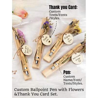 Juego de regalo con bolígrafo de madera personalizado con nombre/texto y tarjeta de agradecimiento con flor/caja, bolígrafo de bambú personalizado, tarjeta de agradecimiento de madera. Regalo perfecto de bambú para cumpleaños, compañero de trabajo, comité, graduación, Día del Maestro, manualidades
