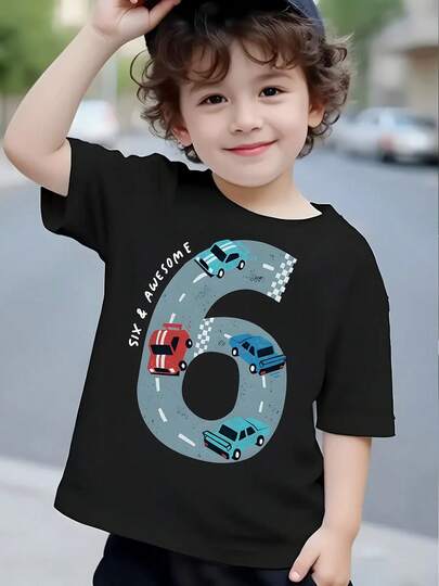 Camiseta de Cumpleaños para Niño de 6 Años - Camiseta con Gráfico de Coche de Carreras con el Número 6, Tejido Suave y Elástico, Camiseta Lavable a Máquina para Niños para Disfraz de Fiesta de Cumpleaños, Juego Diario - Regalo Ideal para Niños de 6 Años (Negro/Azul/Rojo/Gris/Blanco) - para los Años Iniciales de la Escuela Primaria, Ropa de Juego al Aire Libre, Top Deportivo para Niños, Ajuste Cómodo, Top Casual, Niños Pequeños, Diseño Divertido, Material Transpirable, Top de Manga Corta