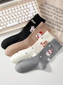4 双新年女式圣诞雪人中筒袜，可爱卡通植绒保暖中筒袜，秋冬袜 - 彩色 - 查看 6