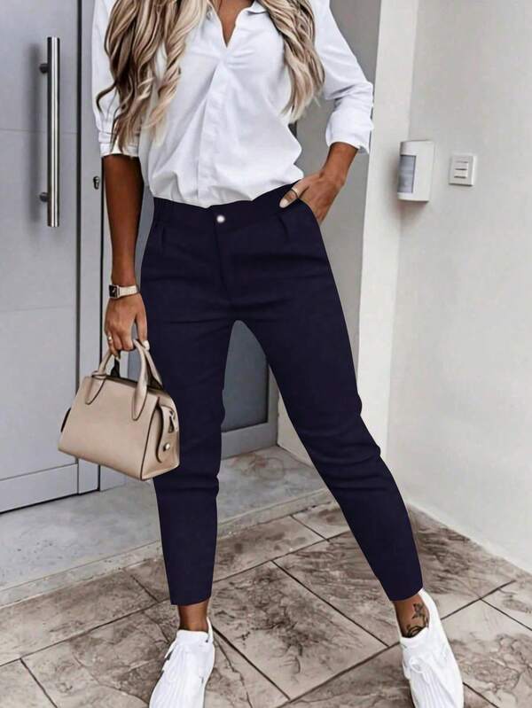 Damen Hosen, einfarbige dehnbare 9-Zoll Hosen, mit Taschen, Reißverschluss und Knopfverschluss, Lässig und Business Stil Lange Hosen.