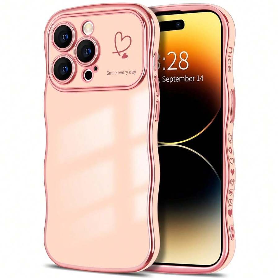 For IPhone 14 Pro Max Case Wave Wavy Phone Cases With Love Heart, Luxury Plating Edge Cute Curly Shape Cover For Women Girls, Thin Slim Soft TPU Rubber Shockproof Protective Cover, Pink{"Color_name":"Pink","Size_name":"ForiPhone14ProMax-6.7inch"} - 多色25 - 查看 1