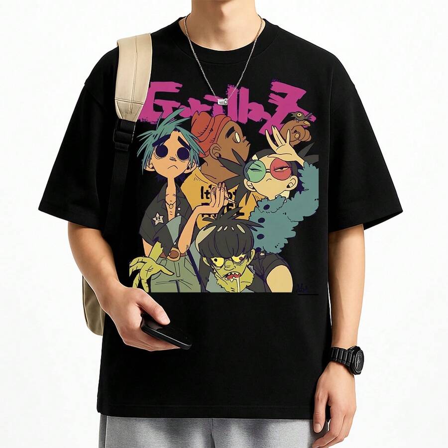 Gorilaz Rock Band T-Shirt International Music Unisex Male Female 100% Cotton Premium Top Streetwear Launch Immediate Shipping Various Colors!! Plus Size - 黑色 - 查看 1