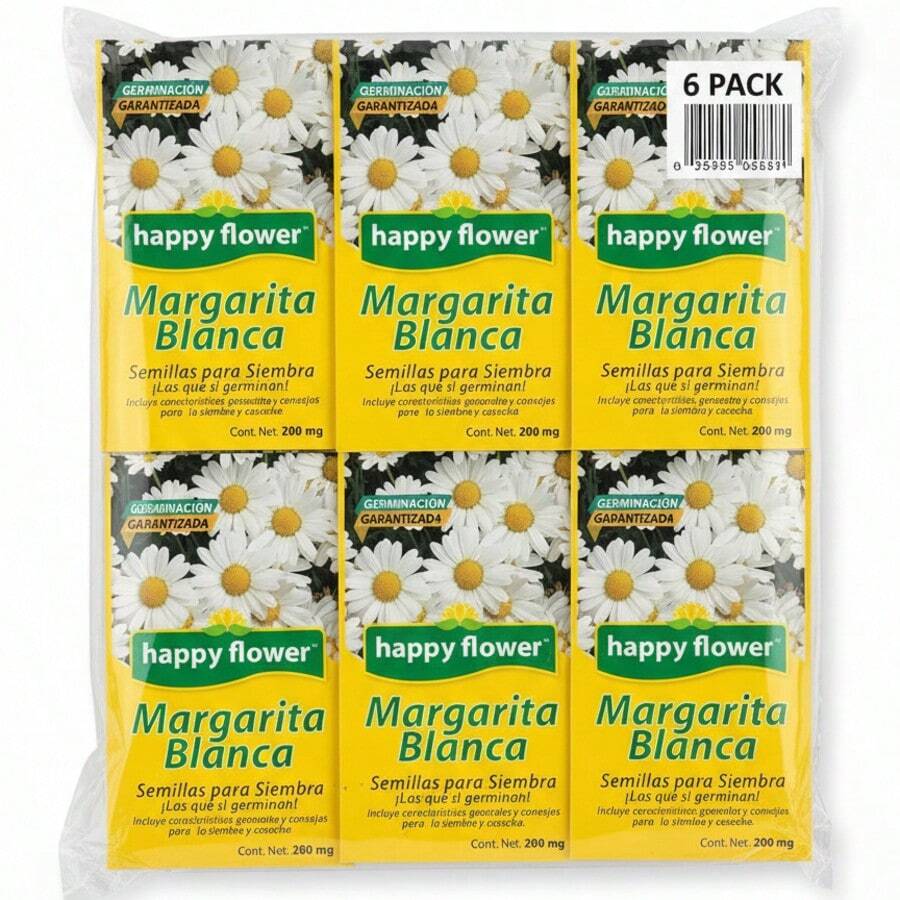 Semillas de margarita blanca Happy Flower 200mg, paquete de 6 sobres con germinación garantizada, ideales para jardín y macetas, flores decorativas, cultivo fácil, embellece tus espacios exteriores e interiores, opción ecológica y natural para jardinería. - Amarillo - Ver 1