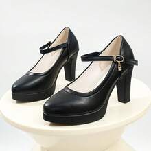 Versatile Black High Heels For Commuting, Chunky-Heeled Mary Janes, Spring Waterproof Platform Thick-Soled Work Shoes, Comfortable And Non-Tiring, Pumps With Metal Buckles And Patent Leather Shoes For Women. - 黑色 - 查看 2