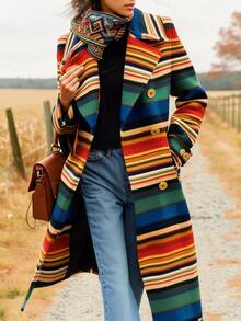 Valentine's Day, Date Night Outfit, Gifts For Her Magic Mia Women's Vibrant Color Block Striped Long Coat - Christmas & Winter Trench With Double-Breasted Design | Fashion Forward Wool Blend Coat For Holiday Parties, Daily Wear & Seasonal Style - Stripe - View 2