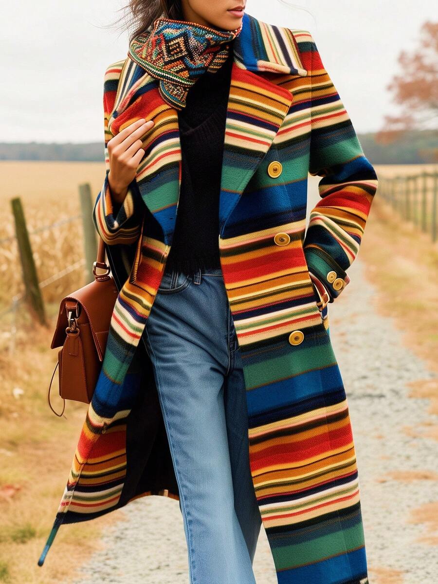 Valentine's Day, Date Night Outfit, Gifts For Her Magic Mia Women's Vibrant Color Block Striped Long Coat - Christmas & Winter Trench With Double-Breasted Design | Fashion Forward Wool Blend Coat For Holiday Parties, Daily Wear & Seasonal Style