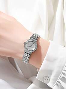 2 件女士钢表带水钻休闲手表和手链套装 - 銀色 - 查看 9