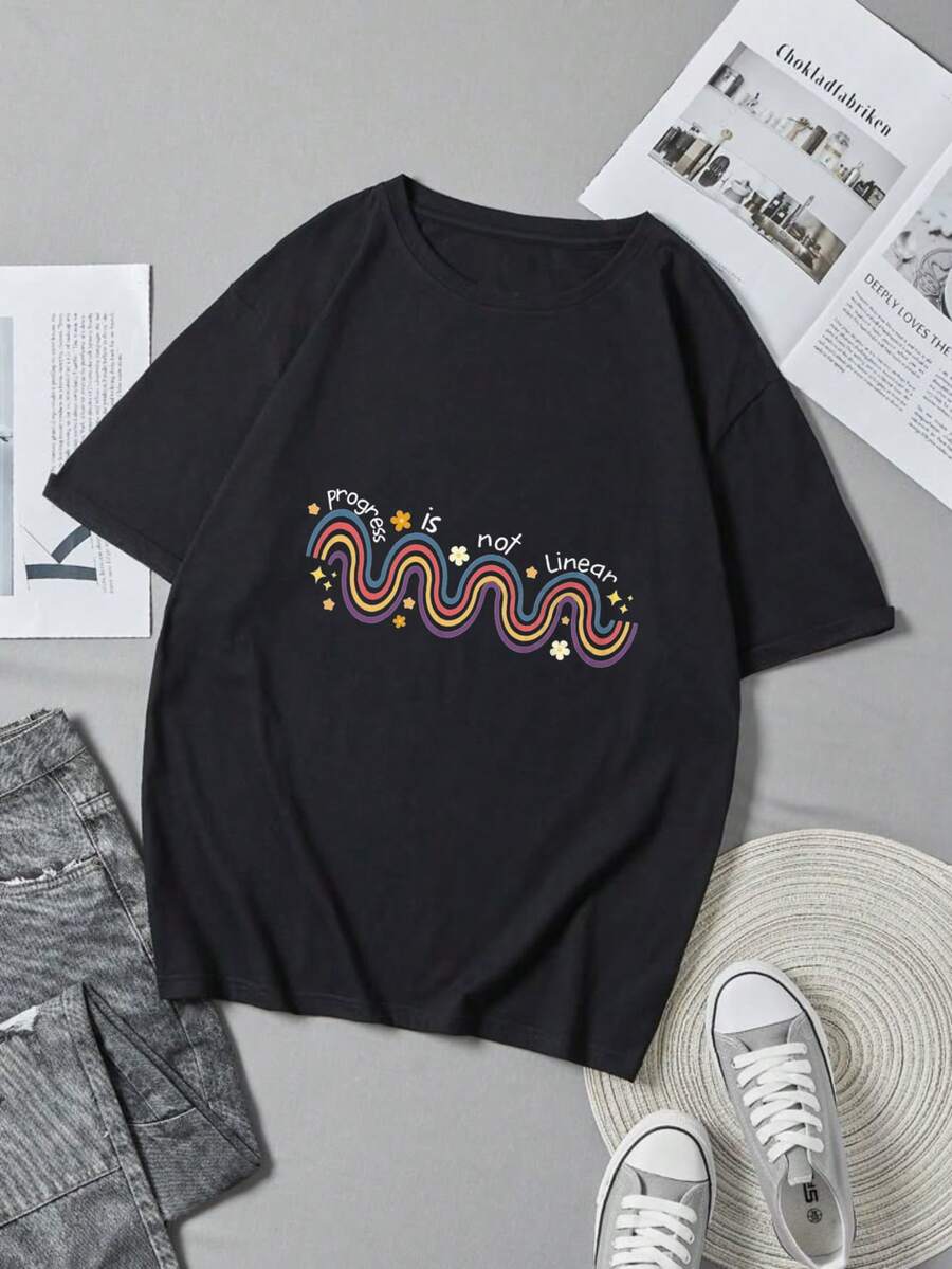 Casual Round Neck Black T-Shirt with Colorful Snake Print and Inspirational Text for Everyday Wear - Negro - Ver 1