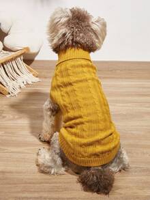 1 قطعة كنزة صوفية قطة/كلب كبير بتصميم ملون أحادي بطراز ملفوف مجدول عتيق بياقة عالية للكلاب الكبيرة مثل الريتريفر الذهبي والبودل - أصفر - مشاهدة 4