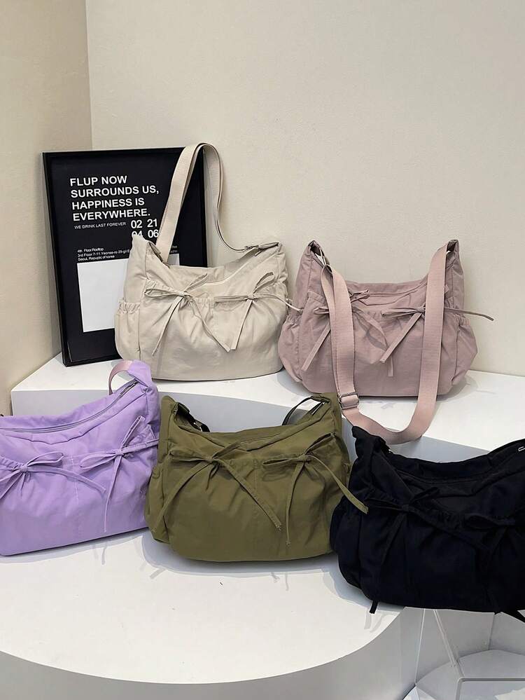 新款时尚百搭小众褶皱蝴蝶结装饰斜挎包，休闲简约纯色手提包，大容量，便携轻巧，适合旅行、上学、工作和通勤。 - 彩色 - 查看 12