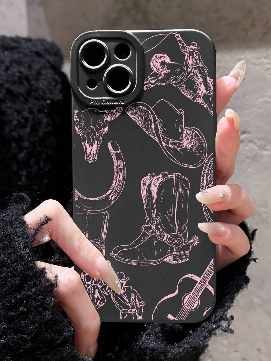 1pc Western Style Line Art Horse, Cow Bone, Guitar Pattern Black Cat Eye Full Coverage Phone Case Compatible With Iphone 11/12/13/14/15/16 Pro Max