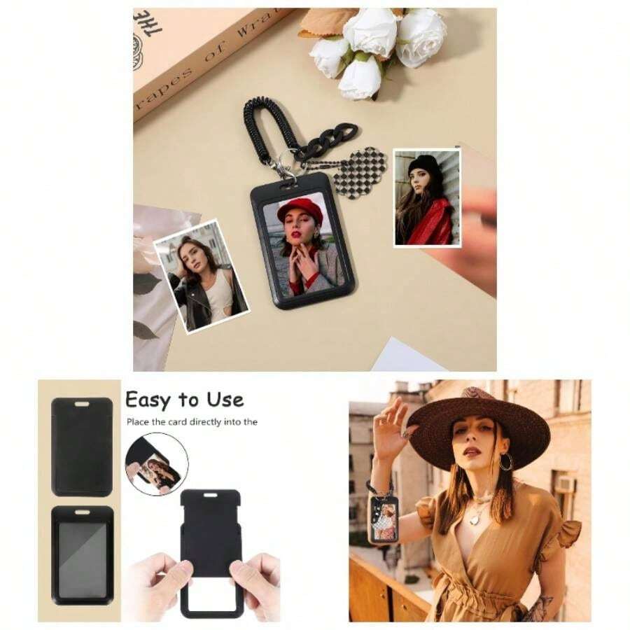 Photocard Holder, Acrylic Black ID Badge Credit Card Holder Idol Photo Display Organizer With Spring Pendant Keychain Student Bus Card Case Protective Photo Sleeves - Black - View 1
