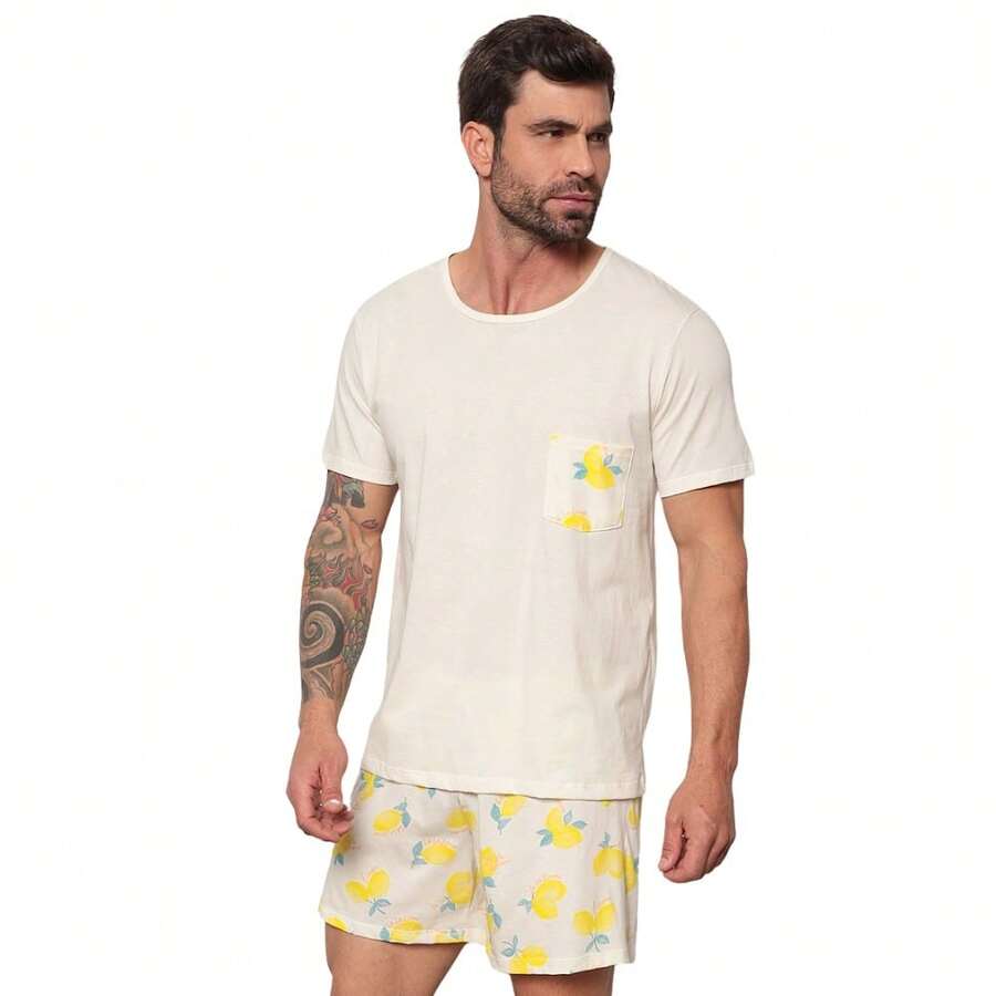 Men's Short Pajamas 100% Cotton Lemon Print Luna Cuore - 白色 - 查看 1