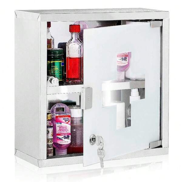 Bakaji Armadietto Porta Medicinali Mobiletto Primo Soccorso in Acciaio Inox e Vetro Satinato Colore Silver