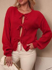 BuyK Áo cardigan len dệt kim nữ size lớn màu trơn, tay dài, chi tiết thắt nút, buộc trước, vạt mở, phong cách tối giản công sở Old Money - Đỏ - Xem 4