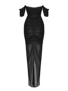Love Aing Black Off-Shoulder Draped Mesh High Slit Midi Dress - Black - View 10