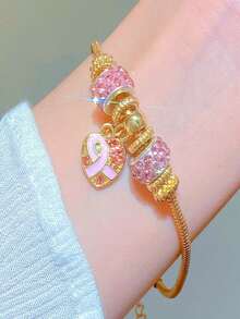 Elegant Ribbon Pendant Beaded Bracelet, Fashion Jewelry Accessory, Breast Cancer Awareness Gift For Women