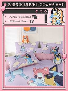 Bluey 2/3pcs Bruie Bedding Set, Bruie Bedding, Comfortable & Breathable Bedding Set, Skin-Friendly, Bruie & Cloud Pattern, Cartoon Style Duvet Cover Set, Soft & Pilling Resistant, Cute Home Textile, Cool-Toned Duvet Cover & Pillowcase Set, Comforter Not Included - Purple - View 2