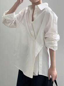 Women's Casual Loose Turndown Collar Long Sleeve Design Oblique Placket Shirt, Woven Fabric, Suitable For Casual, Office, Daily, Airport Wear, Spring & Autumn White - White - View 3