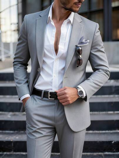 Men's Suit Set,An Elegant Men's Formal Suit 2-Piece Set, Consisting Of A Solid-Color Suit-Collared Jacket And Matching Trousers. It Boasts A Sophisticated Solid-Color Business-Casual Style With A Sleek And Grand Look, Suitable To Be Used As Both A Wedding Suit And A Business Suit,This Suit Is Perfect For Wearing On Various Occasions, Including Daily Leisure, Holiday Events, Business Gatherings, Weddings, Dances, And Work Commutes. Furthermore, It Makes An Excellent Gift For Boyfriends Or Husbands.