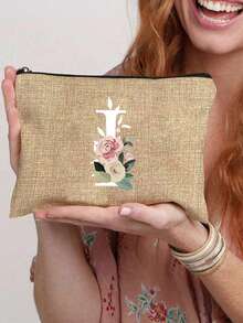 Mini Floral & Letter Print Linen Tote Bag, Women's Fashion Shopping Bag/Handbag/Grocery Bag, Teacher's Portable Tote Bag, Ideal Shopping Tote/Lunch Bag - Khaki - View 59