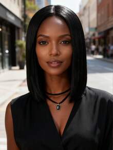 女士黑色鲍勃中分直发假发 - 高品质高温合成面料，易扣网眼帽，时尚款式适合所有脸型 - 让您每天都充满自信，适合派对万圣节日常角色扮演服装 - 黑色 - 查看 2