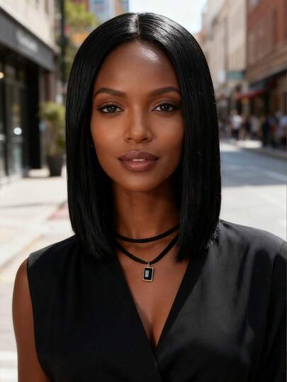 女士黑色鲍勃中分直发假发 - 高品质高温合成面料，易扣网眼帽，时尚款式适合所有脸型 - 让您每天都充满自信，适合派对万圣节日常角色扮演服装