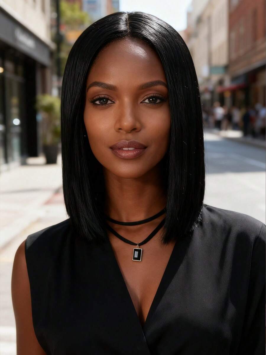 女士黑色鲍勃中分直发假发 - 高品质高温合成面料，易扣网眼帽，时尚款式适合所有脸型 - 让您每天都充满自信，适合派对万圣节日常角色扮演服装