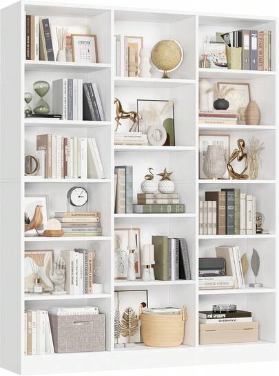 Triple Wide Bookshelf, 6 Tier Large Bookshelf, Bookcase With 17 Open Display Shelves, 74'' Tall Bookcases And Bookshelves For Living Room, Home Office, Library, White,23148390