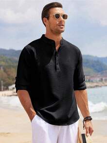Men's Long Sleeve Henley Collar Shirt, Button Front, Lightweight Polyester Fabric, Striped & Plaid Design, Casual & Comfortable, Soft Fabric, Daily Wear, Fashionable & Breathable For Summer Beach Vacation, Rolled-Up Sleeves, Fashionable Menswear, Outdoor Casual Apparel, Classic Fit, Versatile & Lightweight Shirt, Men's Everyday Top