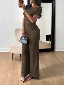 Vaiaye Women's 2-Piece Casual Elegant Solid Color Asymmetrical Hem Shaping Top, Suitable For Valentine's Day And Carnival, Paired With Solid Color Straight Pants, Suitable For Daily Wear, Holiday And Beach Vacation. - Brown - View 7