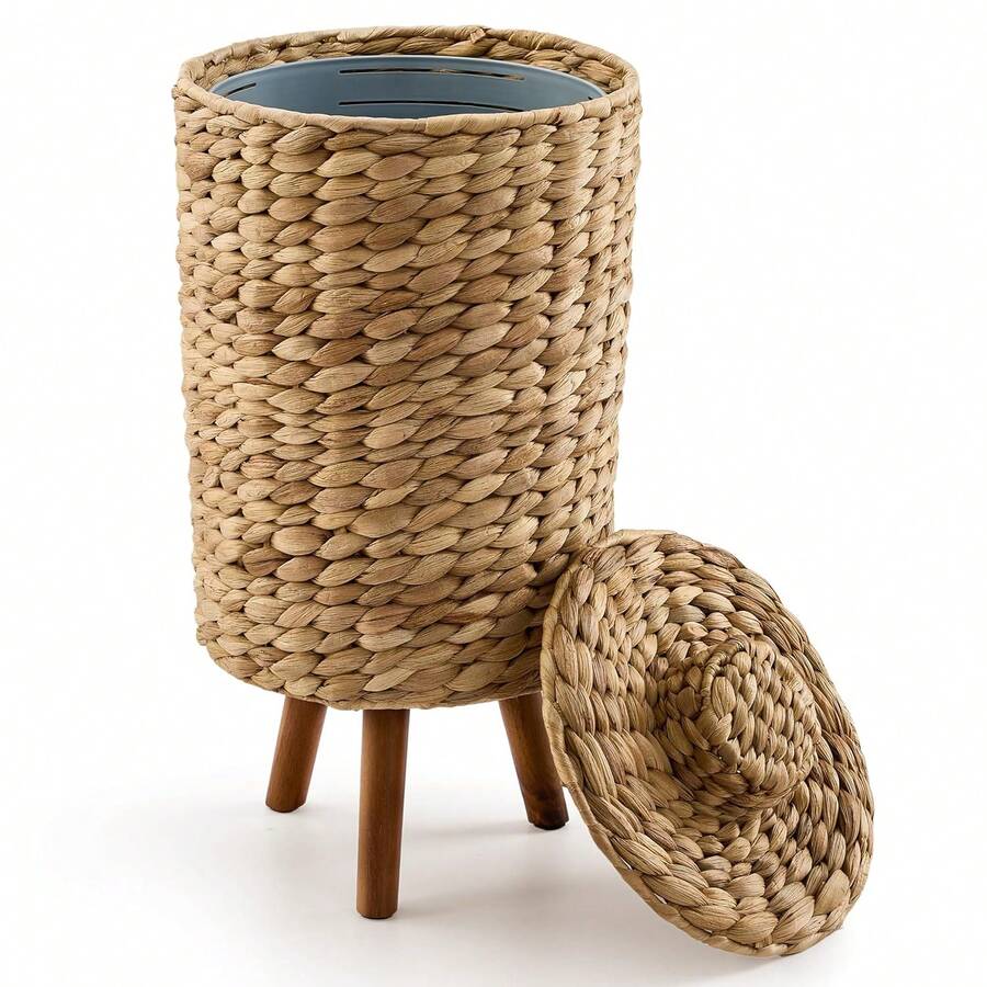 2 Gallon Wicker Trash Can With Lid, Water Hyacinth Wicker Waste Basket For Bathroom - Drative Bathroom Trash Can With Wooden Leg - Rattan Garbage Can With A Lid, Liner - Assembly Required,23171347 - 彩色 - 查看 1
