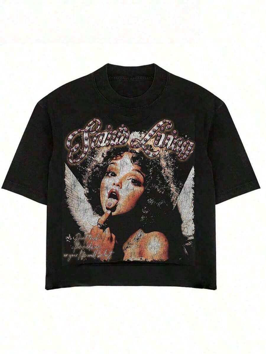 Size Plus Men's Round Neck Short Sleeve T Shirt Vintage Graphic Tee With Woman Portrait & Rhinestone Detail 1pcs 220g Graphic Digital Print T Shirt Saints Living 100% Cotton Casual Tee Streetwear Summer - màu đen - Xem 1