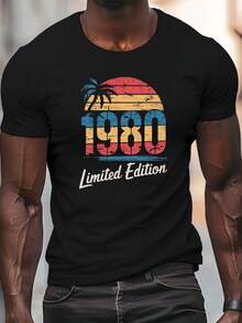 Impresión de Edición Limitada Sunset 1980, Camiseta de Manga Corta y Cuello Redondo para Hombre, un Top Casual Cómodo para el Verano - Negro - Ver 2