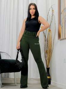 Women's Flared Trousers In Crepe Fabric, With Pockets, Fixed Belt And Buckle - 軍綠色 - 查看 1
