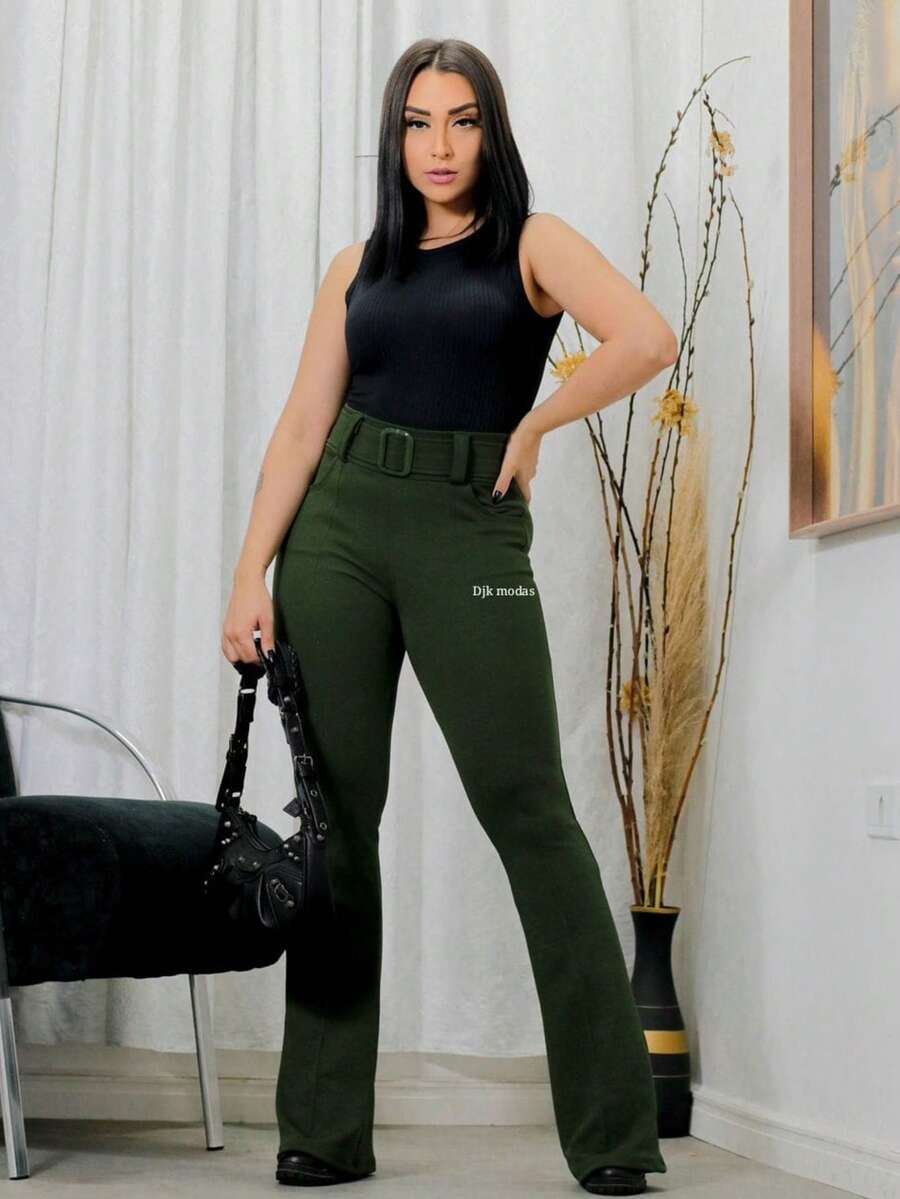 Women's Flared Trousers In Crepe Fabric, With Pockets, Fixed Belt And Buckle - 軍綠色 - 查看 1