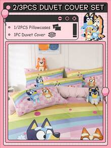 Bluey Bộ chăn ga gối Brui 2/3 món, Bộ chăn ga gối Brui thoải mái, chống xù lông, thân thiện với da, họa tiết hoạt hình bắt tay cầu vồng, đồ dệt gia dụng, vỏ chăn và vỏ gối, không bao gồm chăn bông, phù hợp với giường đơn, đôi, cỡ Queen, cỡ King, sử dụng được quanh năm, có thể giặt máy, trang trí phòng ngủ. - Hồng - Xem 3