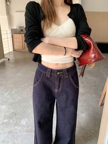 Women's Navy Blue Straight Leg Casual Jeans With Unique Back Pocket Design, Straight Leg Pants Spring - Dark Blue - View 3