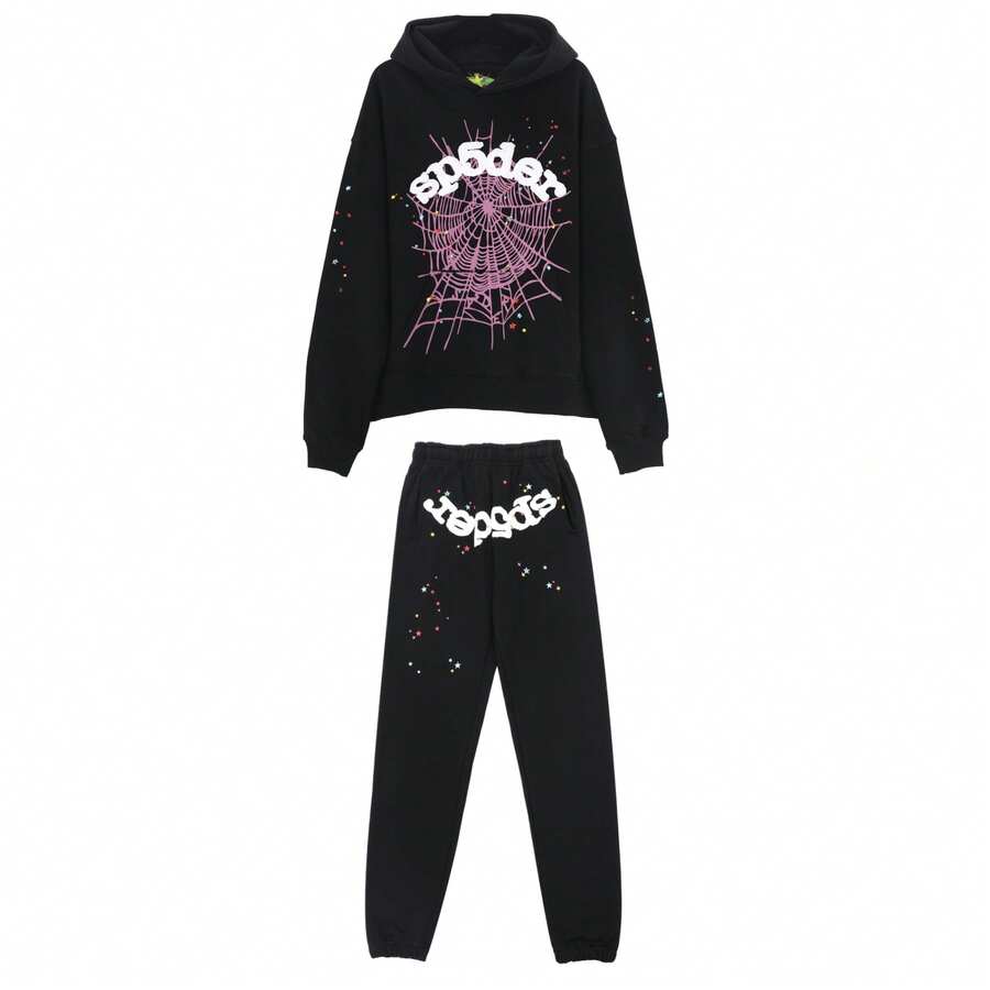 Men's And Women's Street Punk Oversized Hooded Sweatshirt Sets, Spider Web Rhinelstone Hooded Sweatshirts, Hip-Hop Fashion Letter Aesthetic Sweatshirts, Gender Neutral Sets, Couple Sets - 黑色 - 查看 1