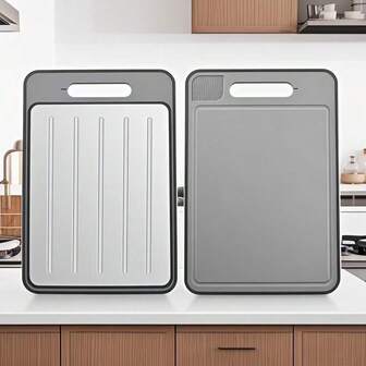 优质不锈钢切菜板，双面厨房砧板，内置磨刀器和蒜泥器，防滑硅胶包裹，可用洗碗机清洗，最佳礼物选择